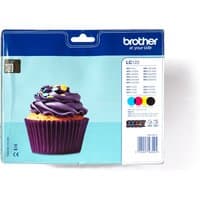 Brother LC-123VALBP ink cartridge set in clear packaging with cupcake image, includes black, cyan, magenta, yellow cartridges.