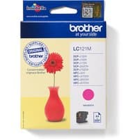 Brother LC121M magenta ink cartridge in yellow box with red flower vase image.