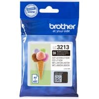 Brother LC3213BK black ink cartridge in blue packaging with ice cream cone graphic and product details.