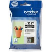 Brother LC3217BK black ink cartridge in blue packaging with colorful pencil graphic and product details.