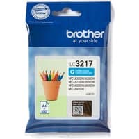 Brother LC3217C original cyan ink cartridge in blue packaging with colorful pencil graphic and product details.