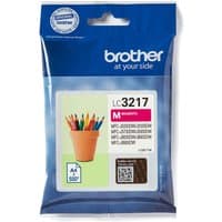 Brother LC3217M magenta ink cartridge in blue packaging with colorful pencil graphic and QR code.
