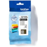 Brother LC3219XLBK ink cartridge in blue packaging with black text and colorful book stack graphic.