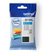 Brother LC3219XLC cyan ink cartridge in blue and white packaging with stack of colored books graphic.