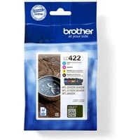 Brother LC422VAL ink cartridge pack with black, cyan, magenta, yellow cartridges in blue and white packaging.