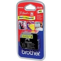 Brother M-K621B label-making tape, black on yellow, in plastic packaging with red and blue design, 8m length.