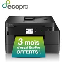 Black Brother MFC-J4550DW inkjet printer with LCD screen, Wi-Fi, and A4 paper output displaying promotional offer.