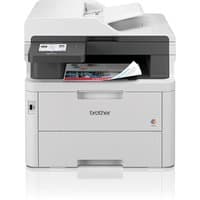 White Brother MFC-L3760CDW printer with touchscreen, paper tray, and Wi-Fi indicator, featuring LED display.