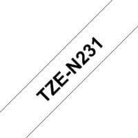 Brother non-laminated black on white label tape with "TZE-N231" text diagonally across.