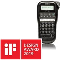 Black Brother PT-H110 label printer with QWERTY keyboard and small LCD screen, featuring 2019 design award badge.