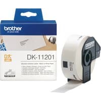 Brother Standard address labels, DK-11201, white labels on black spool, blue box packaging with label image.
