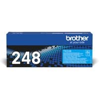 Brother TN-248C toner cartridge, cyan, in blue box with white text and dotted pattern design.