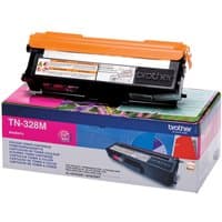 Brother TN-328M magenta toner cartridge with orange cap on colorful branded box.