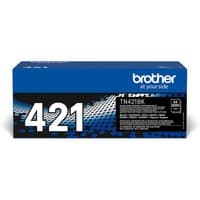 Brother TN-421BK black toner cartridge in blue box with white text and dot pattern design.