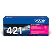 Brother TN-421M toner cartridge box, blue and black with magenta label, original magenta toner.