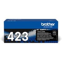 Brother TN-423BK toner cartridge, black, in blue and white box with large "423" text and Brother logo.