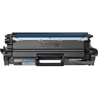 Black Brother TN-821XLC cyan toner cartridge with blue top, designed for 9K pages, compatible with Brother printers.
