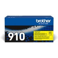 Brother TN-910Y yellow toner cartridge in blue box with white dots and yellow label.