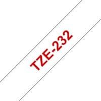 Brother TZE-232 label-making tape, red text on white background, diagonal layout.