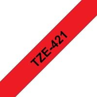 Black on red Brother TZE-421 label-making tape, diagonal orientation, bold black text on vibrant red background.