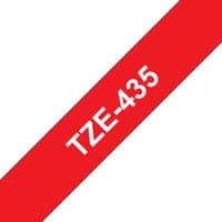 Brother TZE-435 label-making tape, white text on red background, angled design.