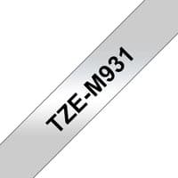 Brother TZE-M931 label-making tape, black text on silver background, angled view.