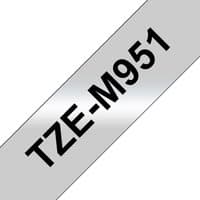 Brother TZE-M951 label-making tape, black text on metallic silver background, angled view.