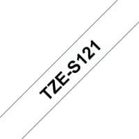 White Brother TZE-S121 label-making tape with bold black text "TZE-S121" diagonally across the tape.