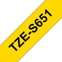 Yellow Brother TZE-S651 label-making tape with bold black text.