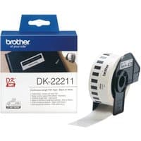 Brother White Continuous Film Tape, DK-22211, black text on white, roll with dispenser, in branded packaging.