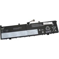 Black BTI 4-cell laptop battery with white label, connector cable, and recycling symbol on the right side.