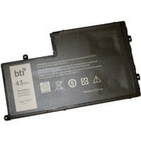 Black BTI 3-cell battery for Dell laptops, labeled 43Wh, with safety icons and model details on the casing.