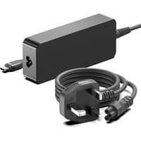 Black rectangular BTI 140W USB-C AC adapter with UK power cable and USB-C connector.