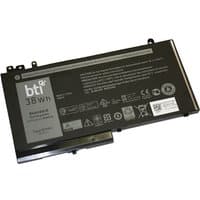 Black BTI 38Wh 3-cell laptop battery with white text and icons, compatible with Latitude E5250, E5240, E5550 models.