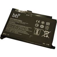 Black BTI 2-cell battery for HP laptops, 41Wh capacity, featuring white text and certification symbols on the surface.