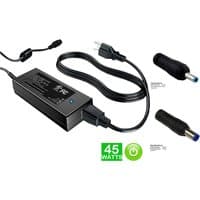 Black BTI 65W AC adapter with two connectors, 7.5mm and 4.5mm, for HP, includes power cord and LED indicator.