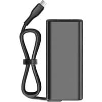 Black BTI 65W USB-C AC adapter with attached cable, compact rectangular design, UK plug connection.