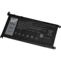 Black BTI 42Wh 3-cell battery for Dell laptops, rectangular with printed specifications and connector ports.