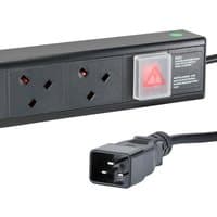Black Cablenet 12 Way UK Vertical 1.5u PDU with IEC-C20 plug, 3m cable, and red warning light on power switch.