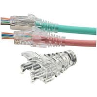 Clear Cablenet EZ Easy Plug RJ45 Boot with ribbed grip, shown with teal and pink Ethernet cables attached.