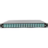 Cablenet black fibre patch panel with 24 LC quad ports, teal connectors, and a sleek rectangular design.