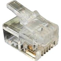 Clear Cablenet RJ11 6P4C crimp plug with transparent casing and gold connectors for 24-26AWG stranded cables.