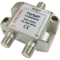 Metallic Cables Direct 2FCONN-COMBINER cable splitter with three coaxial ports and labeled frequency range.