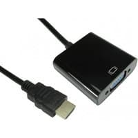 Black HDMI to VGA adapter with a compact rectangular design and attached HDMI cable.