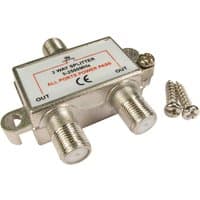 Silver Cables Direct F-Connector Splitter with three coaxial ports, labeled "IN" and "OUT," and two mounting screws.