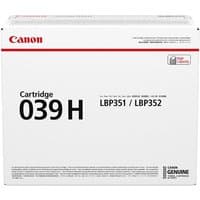 Canon 039H toner cartridge box, white with black text, red Canon logo, compatible with LBP351/352 printers.