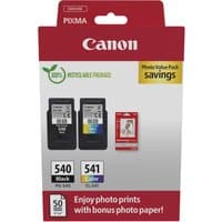 Canon ink cartridge pack with black, cyan, magenta, yellow cartridges, red packaging, and photo paper bonus.
