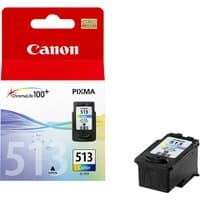 Canon CL-513 color ink cartridge, black casing, colorful label, packaged in red and white box with Canon branding.