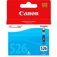 Canon CLI-526C Cyan Ink Cartridge with red packaging, blue wave design, and Pixma logo.