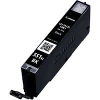 Canon CLI-551XL black ink cartridge, rectangular, black casing, labeled with model and QR code.